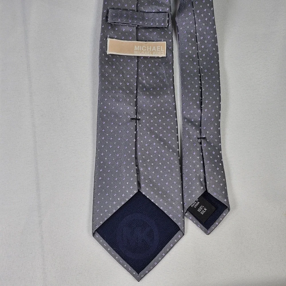 Michael Michael Kors Mens Silk Tie Grey Purple Geometric Square Pattern Necktie‎